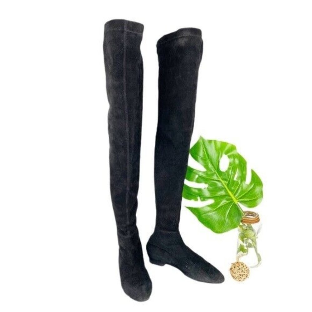 Brian Atwood Women's OTK Thigh High Size 38 7 Black Suede Pull on Over The Knee